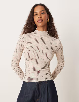 ASOS DESIGN sheer rib long sleeve top in cream polka dot | ASOS | ASOS (Global)