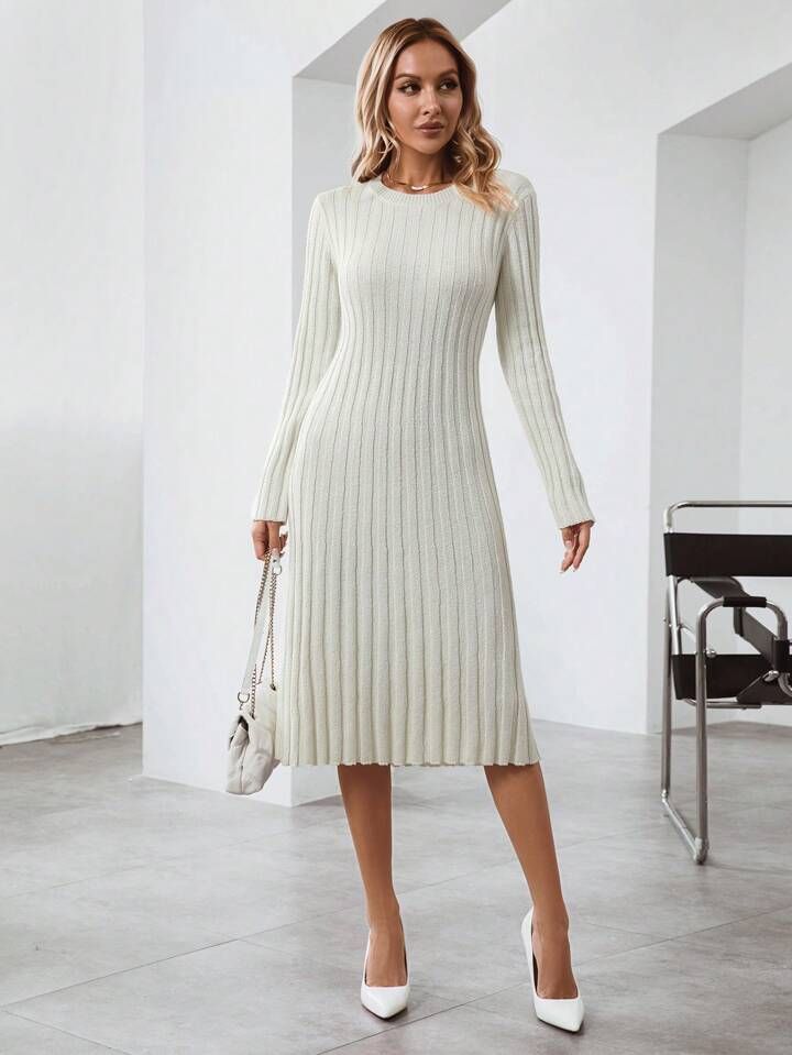 SHEIN LUNE Solid Ribbed Knit Sweater Dress | SHEIN