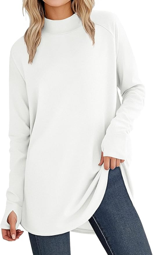 JUSTFASHIONNOW Tunic Tops for Women Casual Long Sleeve Turtle Neck Shirts Thumb Hole Curved Hem T... | Amazon (US)