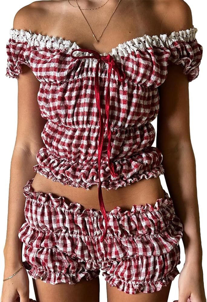 Mxiqqpltky 2 Piece Skirt Sets for Women Ruffle Short Sleeve Tie Up Crop Top & Elastic Waist Pleat... | Amazon (US)