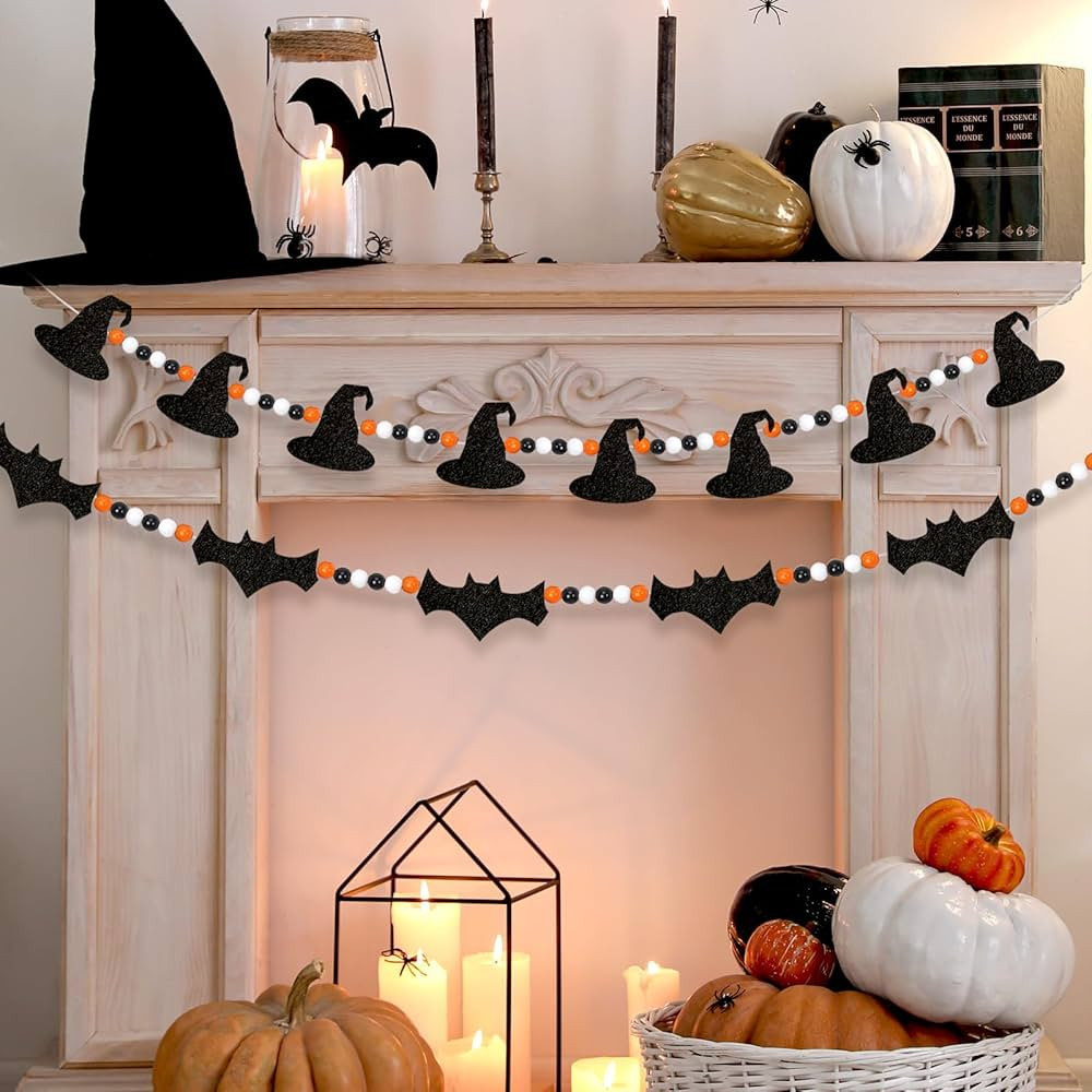 2 PCS Halloween Felt Bats Witch and Wood Beads Garland Halloween for Mantle Garland Banner Decor ... | Amazon (US)