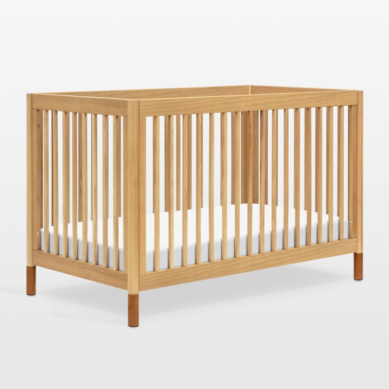 Babyletto Gelato Honey Wood & Vegan Tan Leather 4-in-1 Convertible Baby Crib with Toddler Bed Con... | Crate & Barrel