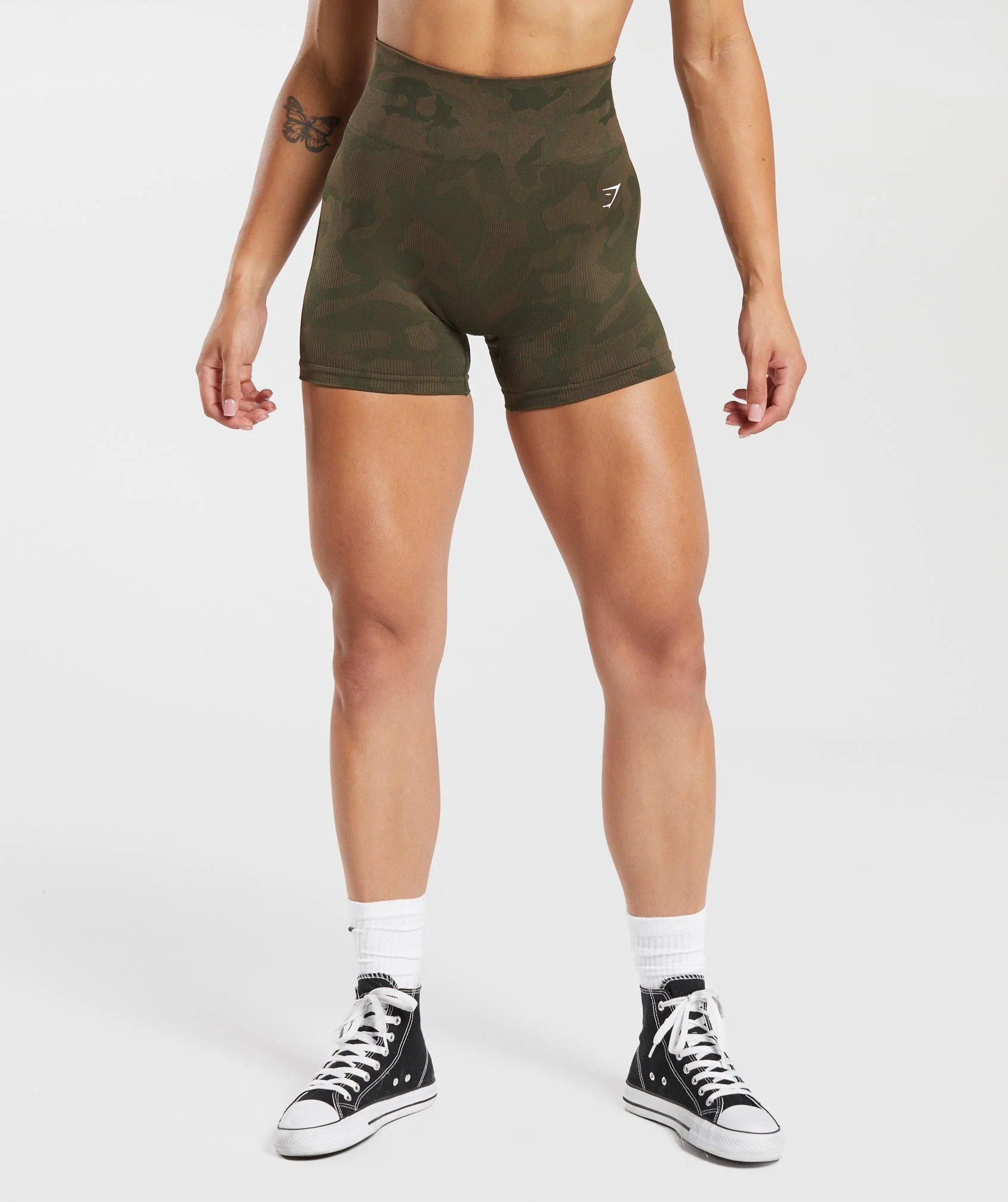 Gymshark Adapt Camo Seamless Ribbed Shorts - Winter Olive/Soul Brown | Gymshark (Global)