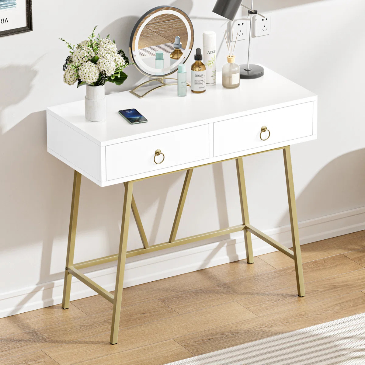 Siilata Makeup Vanity Table with Drawer Home Office Writing Desk White | Wayfair North America
