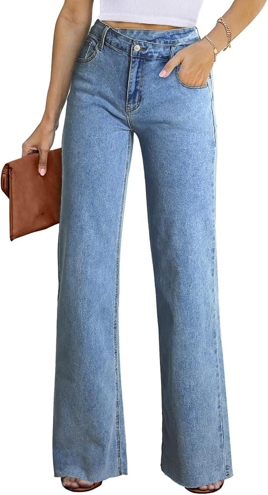 Astylish Womens Baggy Wide Leg Casual Jeans Crossover Waisted Stretchy Boyfriend Y2K Denim Pants | Amazon (US)