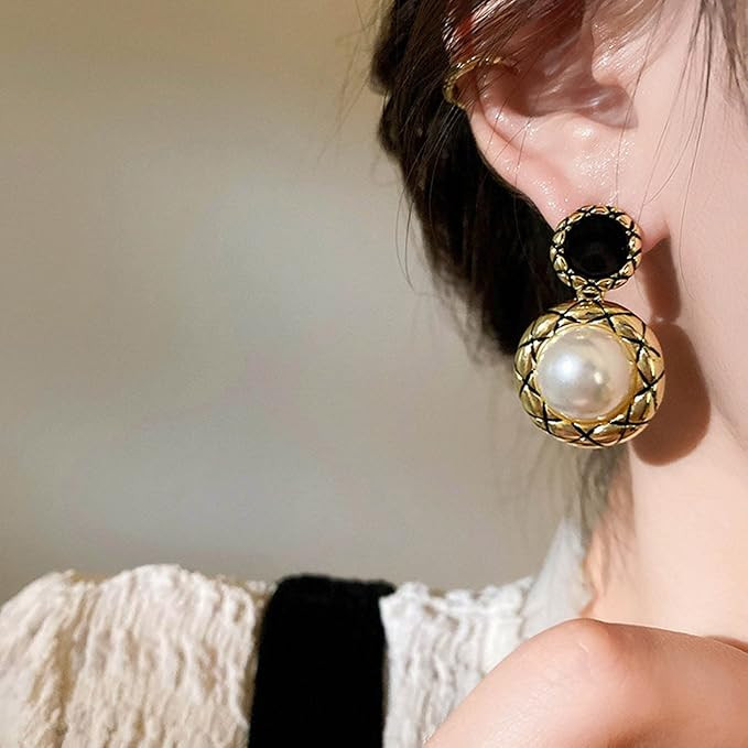 YienDoo Vintage Pearl Dangle Drop Earrings Gold Big Pearl Drop Earrings Black Stud Statement Pear... | Amazon (US)