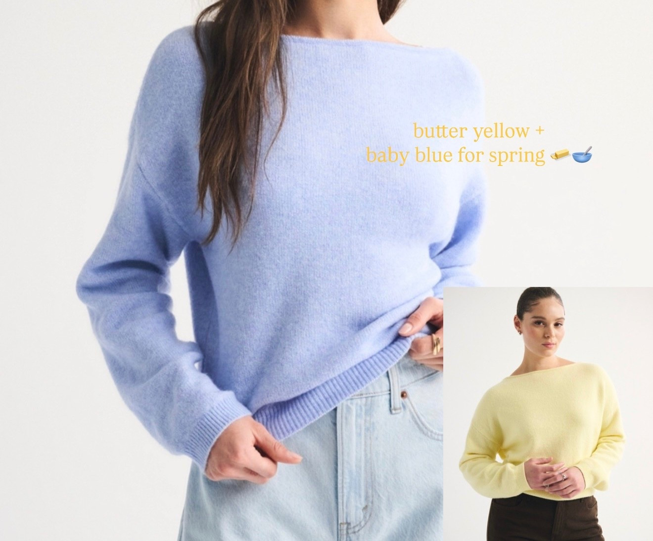 These 2 colors are still in stock....... I honestly can't believe they are. Butter yellow & baby blue off the shoulder comfy soft spring sweaters. I purchased both colors in size small ! 
- I tried a medium & it was just a lil too big, small was perfect size for me.  ( my weight & height is in bio ) 

#LTKWorkwear #LTKSeasonal #LTKSpringSale