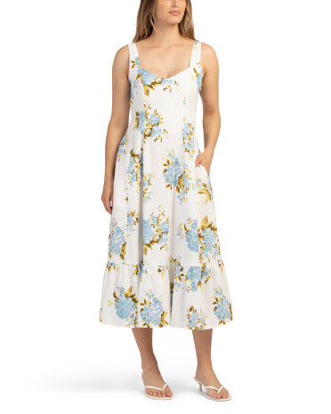 Linen Blend Organic Roses And Hydrangea Midi Dress | TJ Maxx