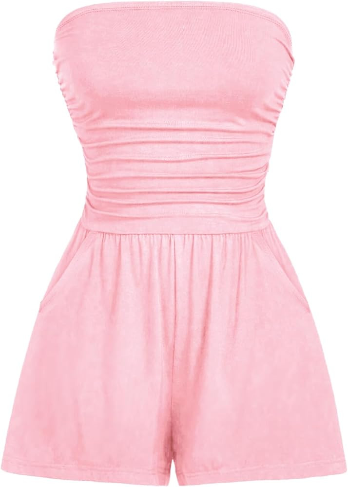 AUXDIO Women Summer Casual Strapless Romper Sleeveless Off Shoulder Short Jumpsuits 2026 Beach Va... | Amazon (US)