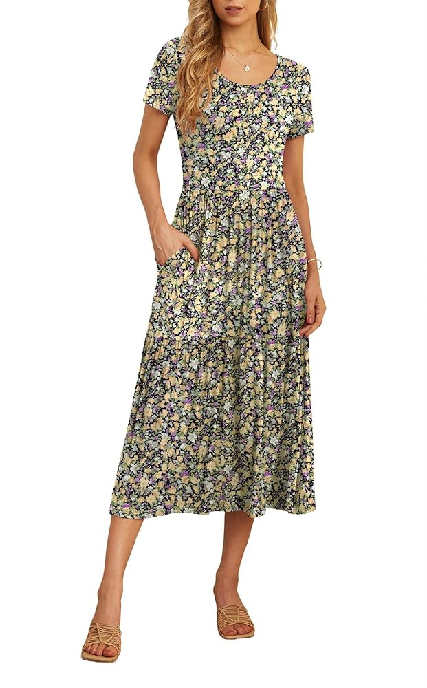 GRECERELLE Women's Summer Casual Short Sleeve Crewneck Tiered Flowy Maxi Long Dress with Pockets ... | Amazon (US)