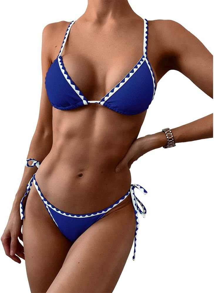 ZAFUL Women's Whip Stitch Textured String Triangle Bikini Set Two Piece Swimsuit | Amazon (US)