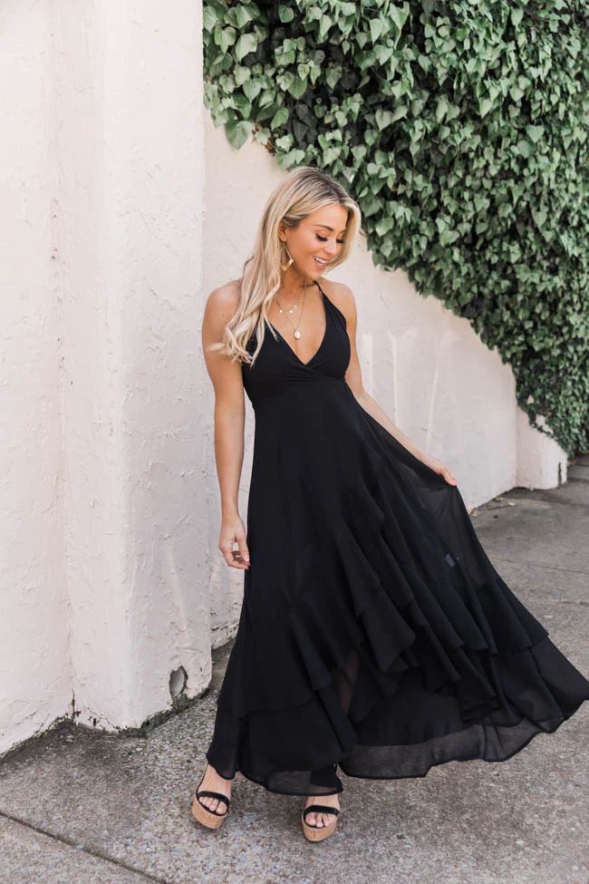 Dancing At Midnight Side Slit Lace Up Black Maxi | The Pink Lily Boutique