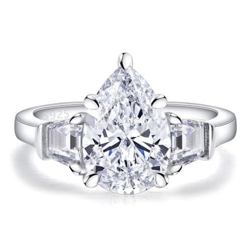 Bo.Dream Pear Shaped Engagement Rings for Women, Platinum Plated 925 Sterling Silver 3CT Pear Cut Cubic Zirconia Three Stone Anniversary Ring Size 5 | Amazon (US)