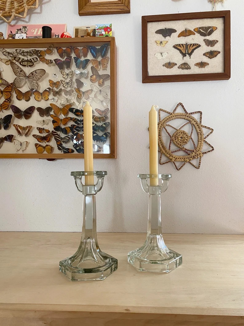 Vintage Clear Molded Glass Tapered Candle Stick Holders : Set - Etsy | Etsy (US)