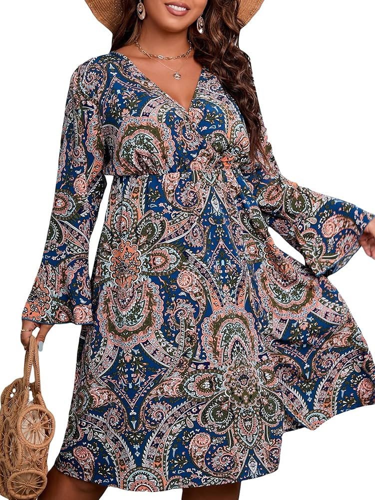 Floerns Women's Plus Size V Neck Trumpet Long Sleeve Split Thigh A Line Dress | Amazon (US)