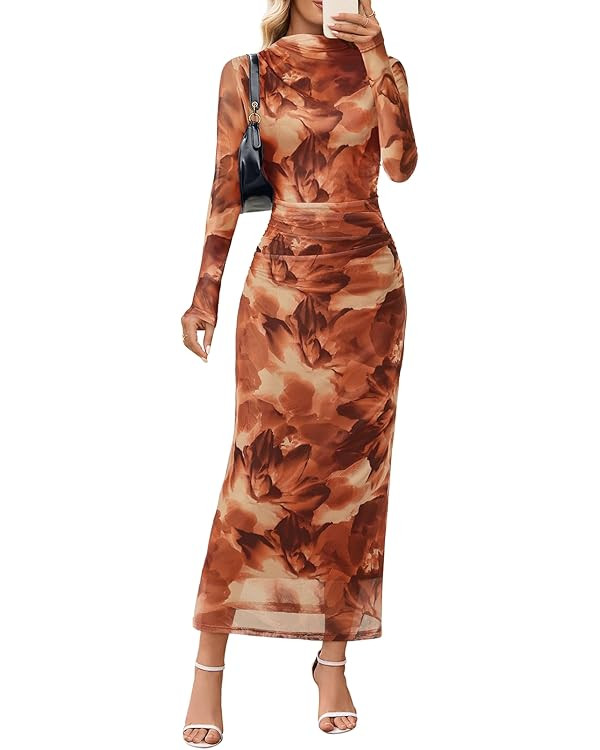 MEROKEETY Women's Long Sleeve Fall Wedding Guest Dress 2025 Bodycon Floral Mesh Ruched Cocktail M... | Amazon (US)