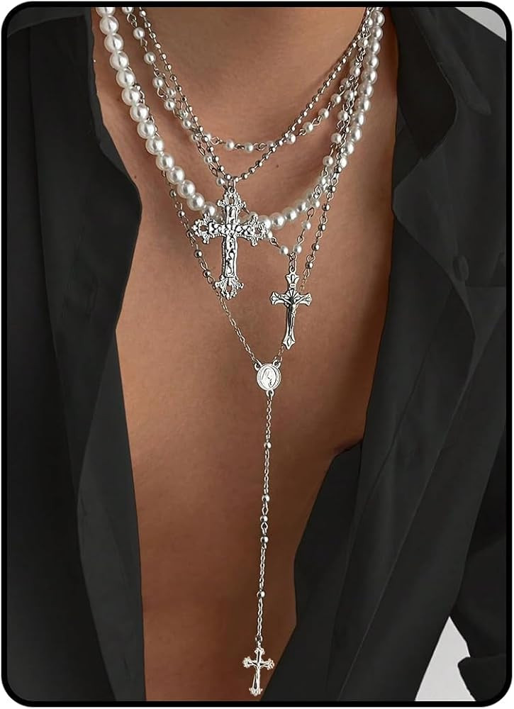 Silver Layered Cross Necklace Set For Women, 4Pcs Pearl Rosary Choker Chunky Christian Pendant Vi... | Amazon (US)