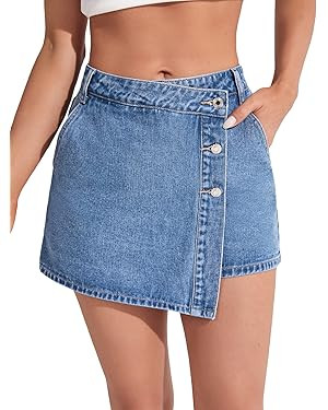 WDIRARA Women's High Waisted Button Front Denim Skort Asymmetrical Hem Skirt Shorts | Amazon (US)