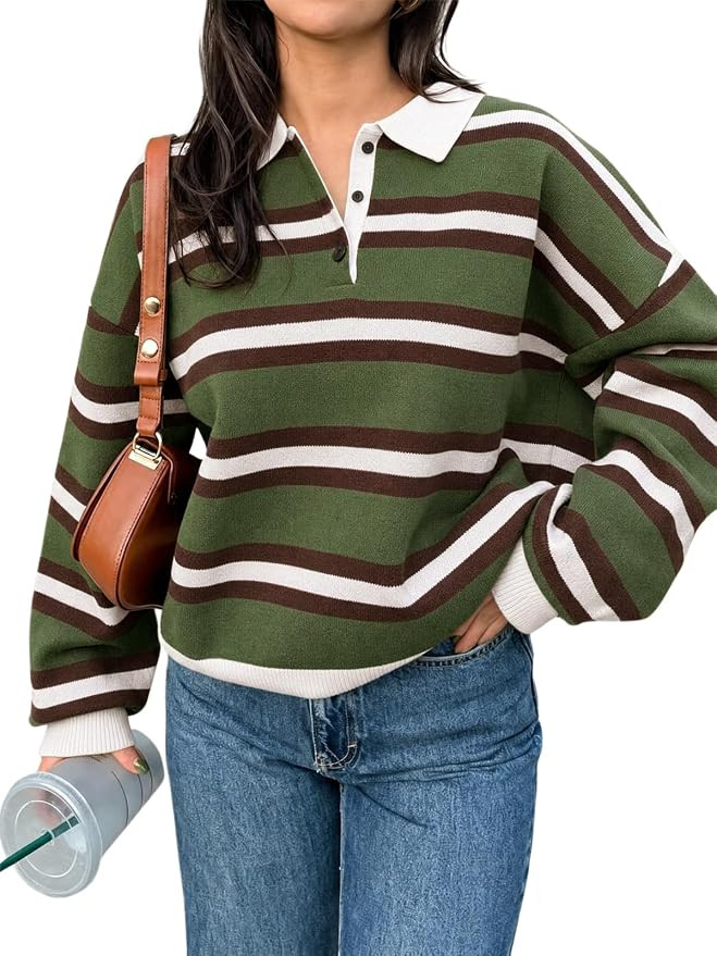 Tankaneo Sweaters for Women Striped Polo Sweater Casual Pullover Knit Tops | Amazon (US)