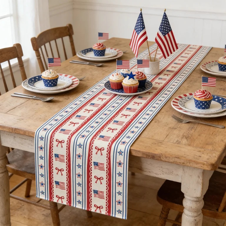 4th of July Patriotic Table Runner, 72x13 Inch Linen Red White Blue Decorative Table Linen for In... | Walmart (US)