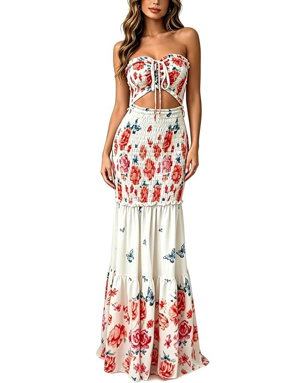 Floral Print Bandeau Prom Dress, Tie Front Convertible Ruched Slim Fit Ruffle Mermaid Hem Party W... | Amazon (US)