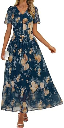 Simplee Womens Summer Floral Maxi Dress Boho Wedding Guest Long Dress Short Sleeve V Neck Vacatio... | Amazon (US)