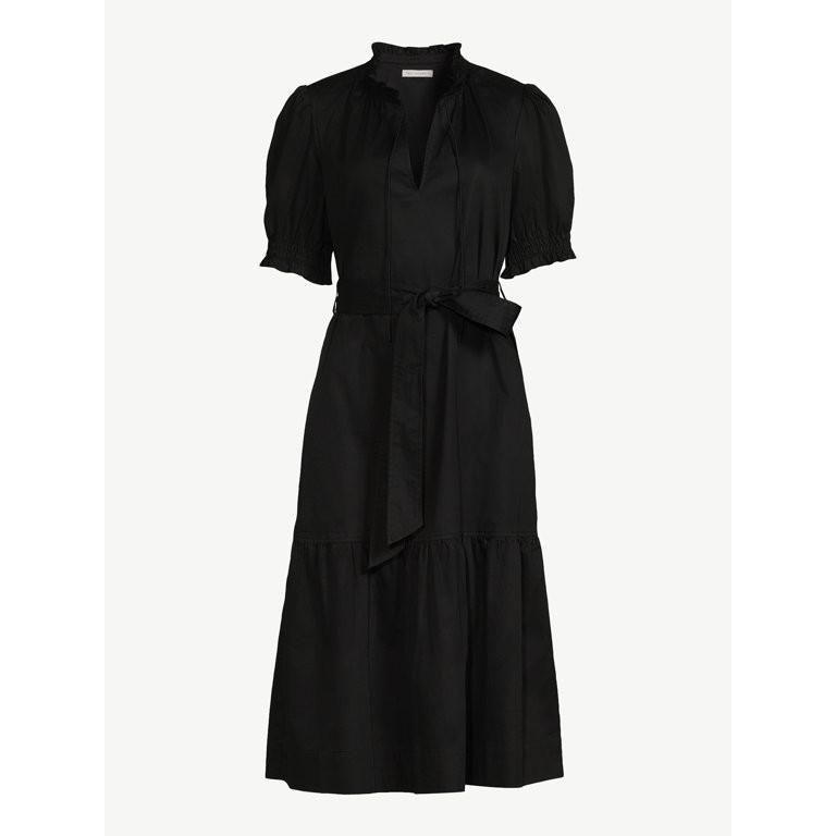 Free Assembly Women's Ruffle Neck Belted Midi Dress with Short Sleeves, Size XS-XXL | Walmart (US)