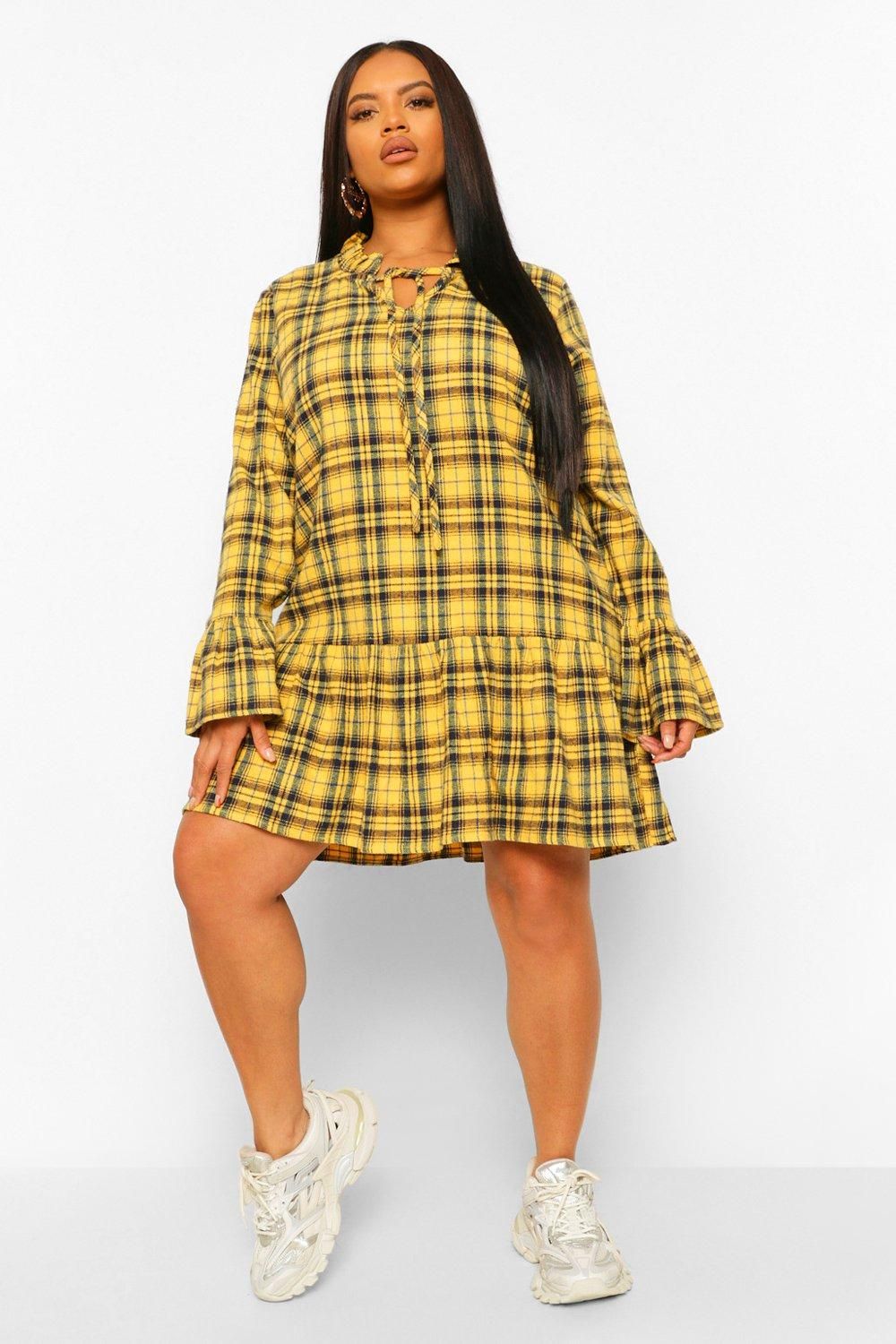 Womens Plus Flannel Drop Hem Smock Dress - Yellow - 12 | Boohoo.com (US & CA)
