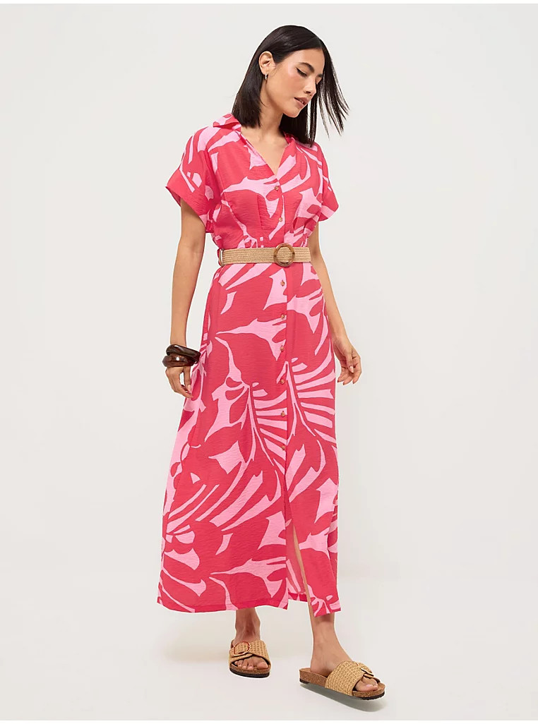 Pink Alfresco Print Short Sleeve Midi Shirt Dress | George
