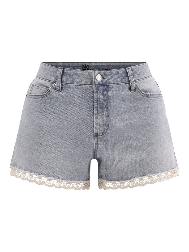 No Boundaries Denim Shorts with Crochet Lace Trim, 3'' Inseam, Women's and Women's Plus | Walmart (US)