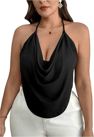 Women's Plus Size Halter Tops for Women Draped Cowl Neck Sleeveless Asymmetrical Crop Low Cut Cam... | Amazon (US)