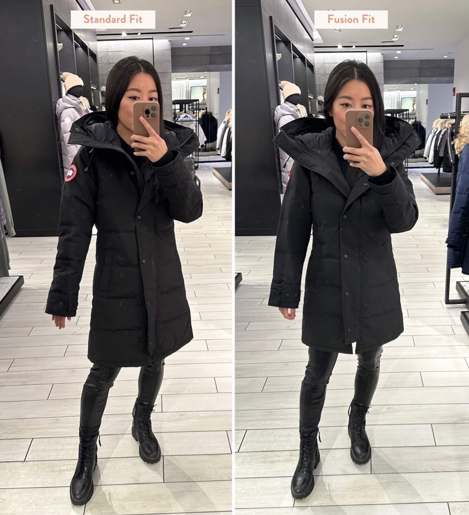 Canada Goose review: they offers Fusion Fit, which is their version of petite sizing for select men's and women's styles. 

Adjustments include smaller scale hood, narrower in the chest through hips, and shorter sleeve and hem length. 

• Canada Goose Shelburne Parka standard xs vs. fusion xs. The hood big on me in all the photons, but it's because i didn't zip the coat up all the way and have the hood wide open. I actually really liked how deep and comfortable their hoods are with a visor like overhang to shield your face from inclement weather!

• Topshop leather leggings size 0P. Runs a little small and fits me perfectly 

• Sam Edelman Boots size 5, out of stock but linked similar 

#petite warm winter puffer coat 

#LTKGiftGuide #LTKstyletip #LTKSeasonal