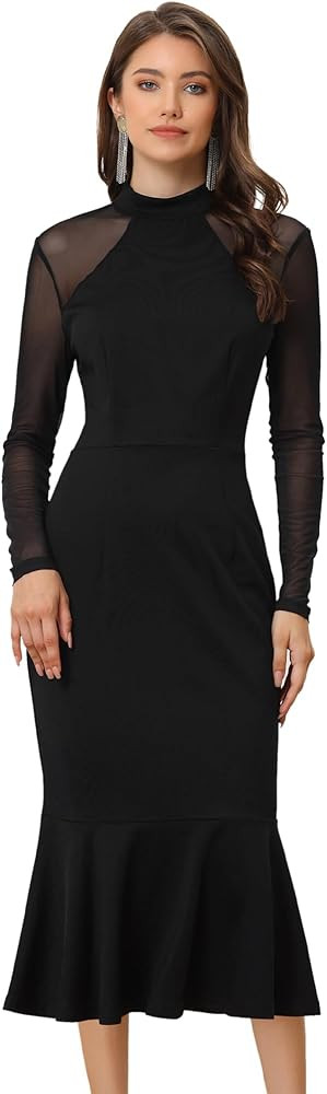 Allegra K Women's Sheer Mesh Bodycon Dress Long Sleeve Mock Neck Elegant Cocktail Mermaid Dresses | Amazon (US)