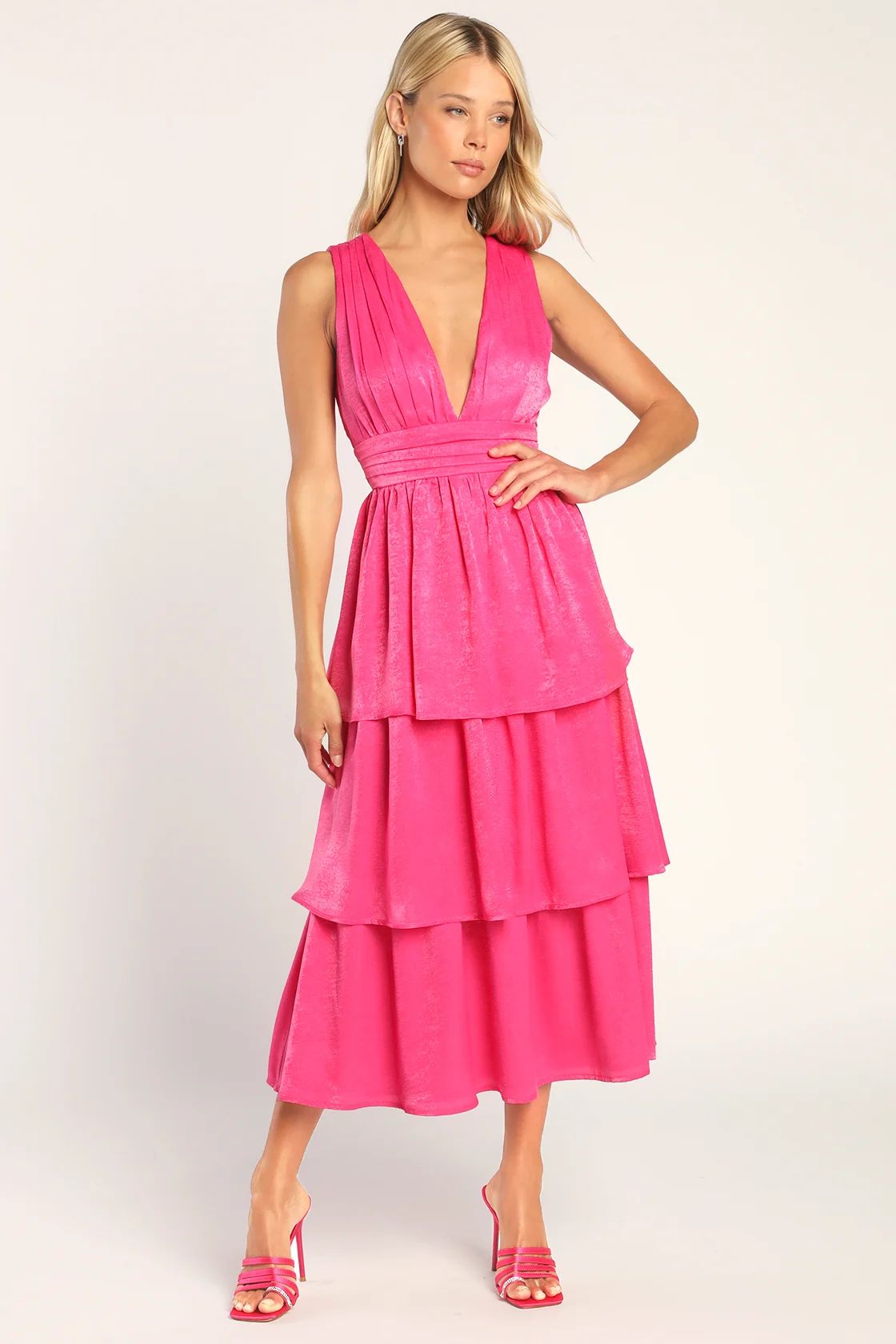 Peak Party Vibe Hot Pink Satin Tiered Tie-Back Midi Dress | Lulus