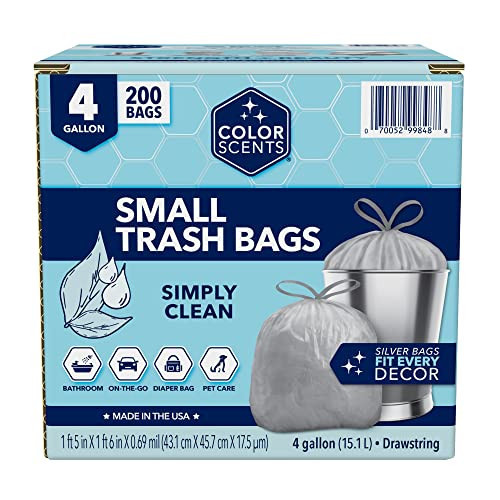 Color Scents Small Trash Bags - 4 Gallon, 200 Bags (1 Pack of 200 Count), Drawstring - Silver Bag in Simply Clean Scent | Amazon (US)