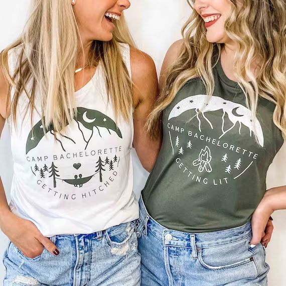 Camp Bachelorette Party Tanks | Camping Bridal Party Shirts | Getting Hitched, Getting Lit Brides... | Etsy (US)