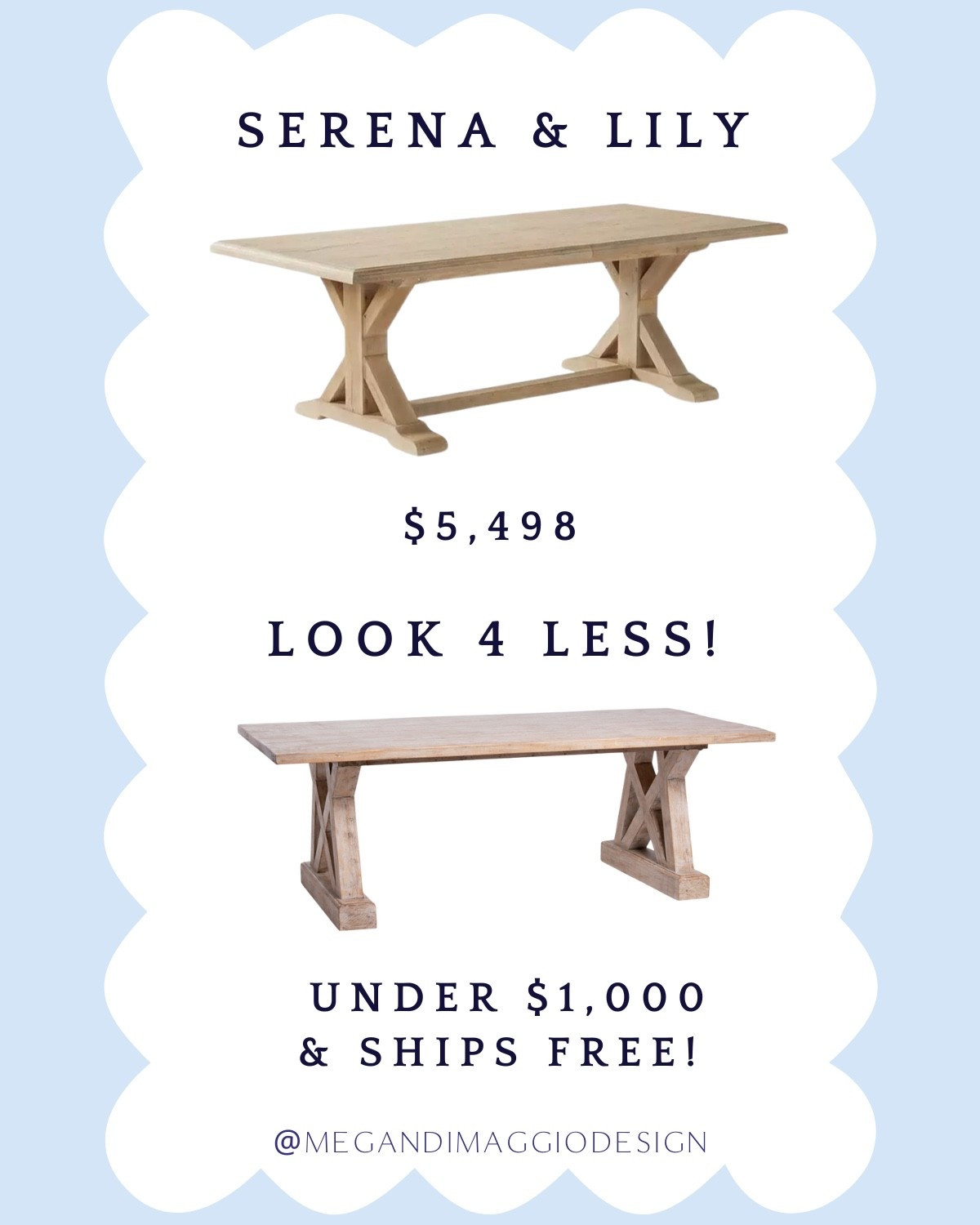 Wow!! Already low stock on this Serena & Lily dining table look for less!!! Under $1,000 and ships free w/ code: SHIP89