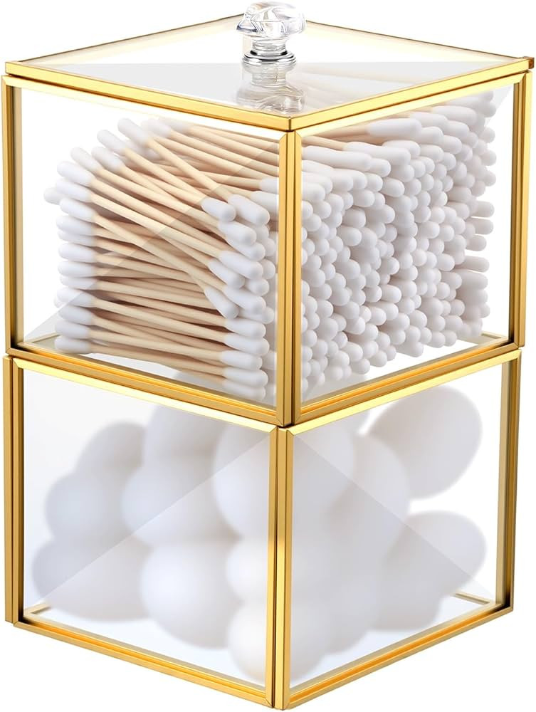 Glass Qtip Holder with Lid, 2-Tier Stackable Bathroom Organizer for Cotton Balls & Swabs, Elegant... | Amazon (US)
