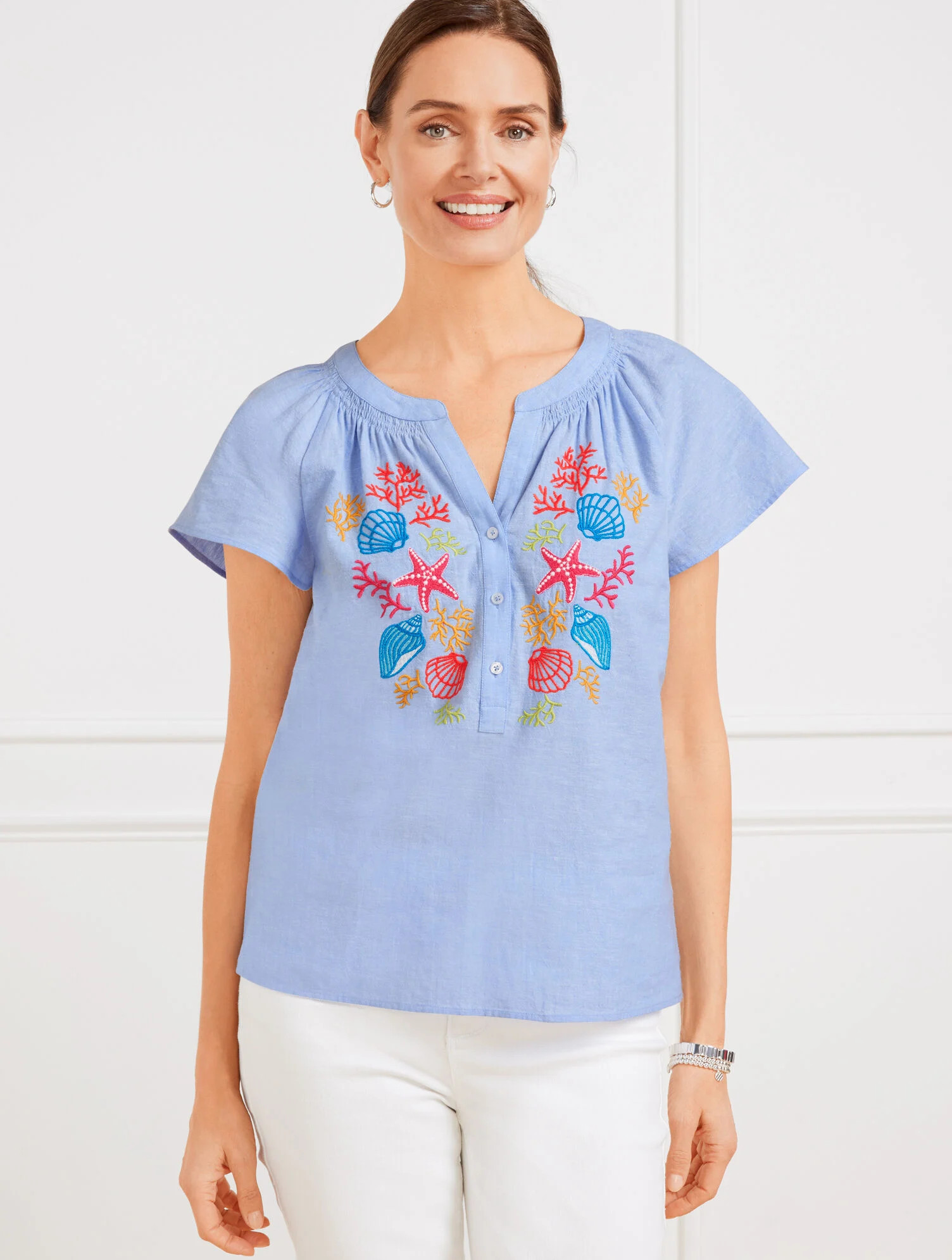 Linen Cotton Top - Embroidered Seashell | Talbots