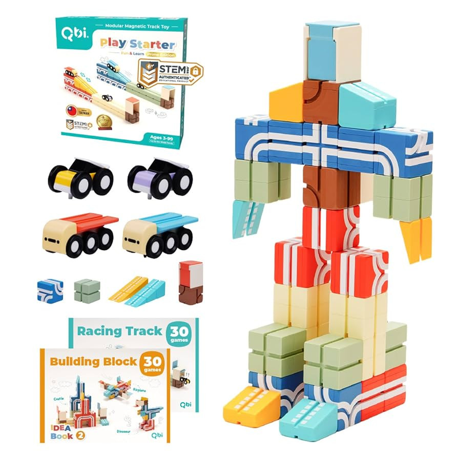QBI Magnetic Blocks Play Starter Set｜4-in-1 STEM Building Blocks with 4 Cars & 3D Track Tiles... | Amazon (US)