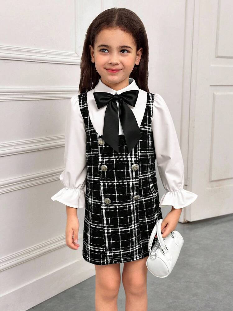 Young Girl Casual Minimalist Comfortable Collared Puff Sleeve Color Block Dress | SHEIN