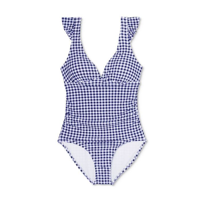 Women's Long Torso Ruffle Gingham High Coverage One Piece Swimsuit - Kona Sol™ Navy | Target