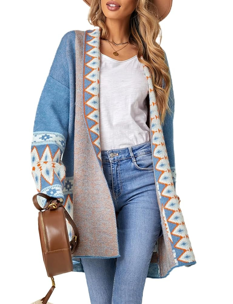 Perbai Womens Boho Aztec Cardigan Sweater Shawl Collar Open Front Tribal Long Sweater Coat with P... | Amazon (US)
