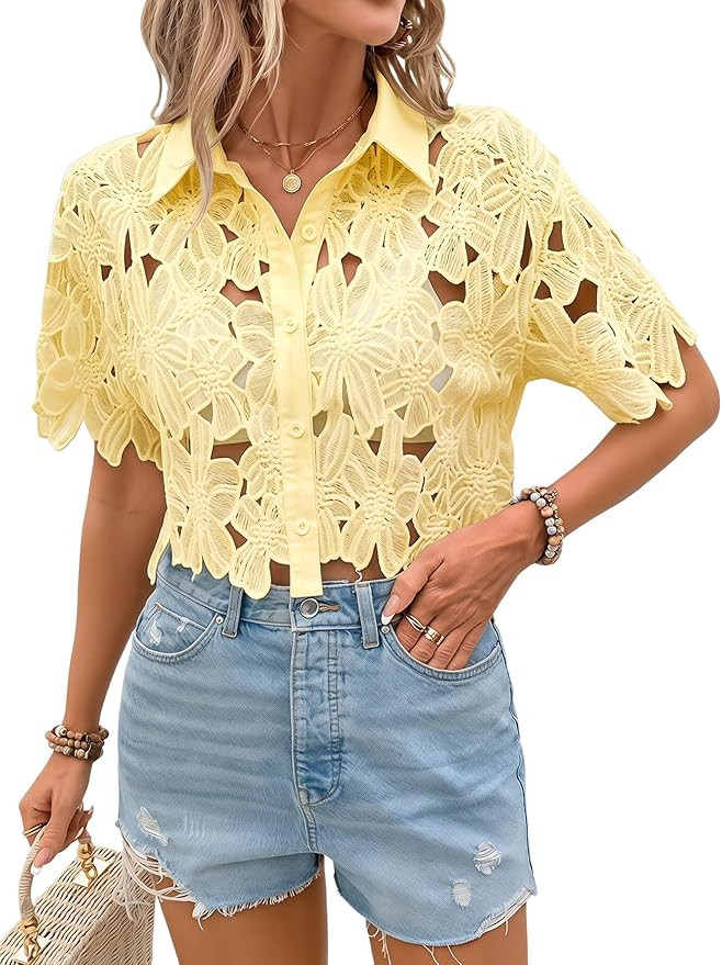 SOLY HUX Women's Floral Lace Cropped Blouses Hollow Out Crop Tops Blouse Short Sleeve Button Down... | Amazon (US)