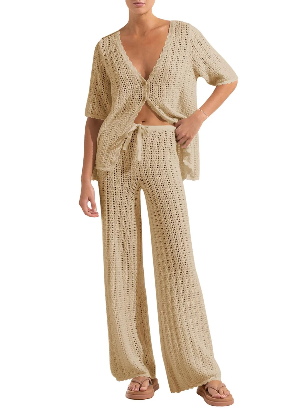 2 Piece Women's Summer Cover up Crochet Knit Cardigan Tops Long Pants Set Bathing Suit Beach Outf... | Walmart (US)