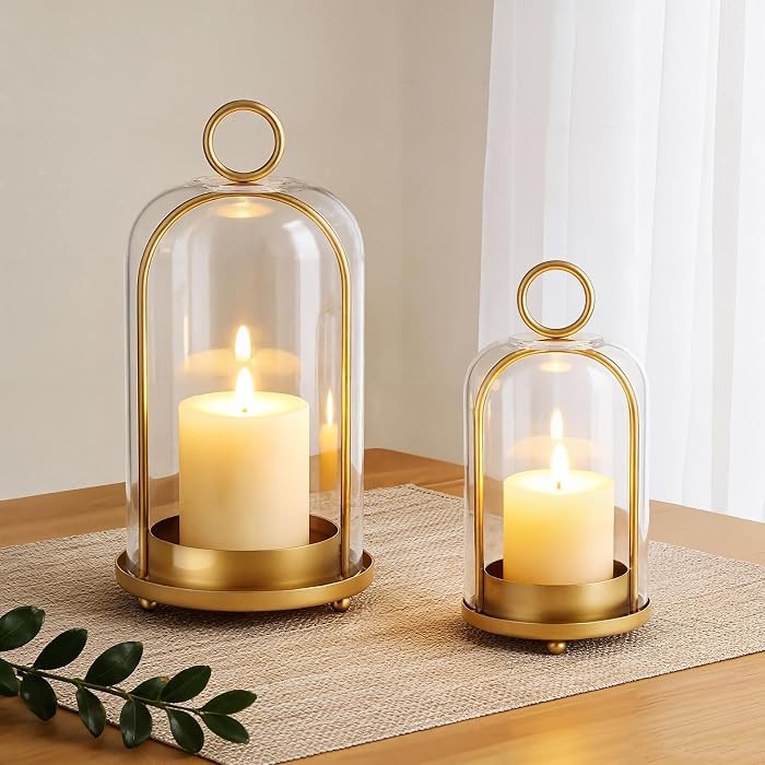 Metal Candle Holder, 5"&4" Wide Hurricane Glass Candle Holders with Handmade Glass Dome, Hanging Brass Candle Lantern for Pillar Candles, T… | Amazon (CA)
