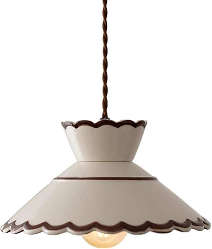 Vintage Scalloped Pendant Light, Cottagecore Farmhouse Style Hanging Lamp, Cream White Ceramic Sh... | Amazon (US)