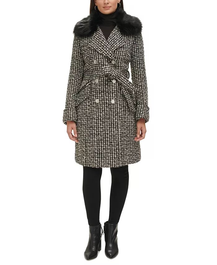 Women's Double-Breasted Faux-Fur-Collar Tweed Coat | Macy's