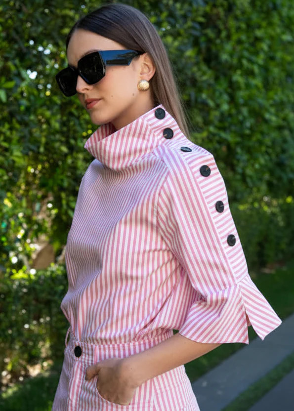 Kya Striped Button Blouse - Pink Short Sleeve | Benaar La