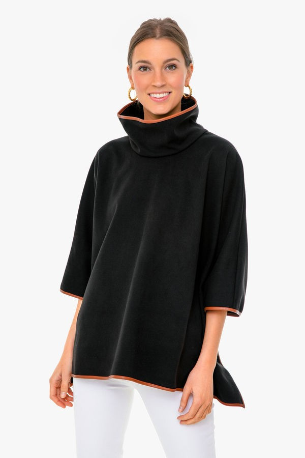 Black Leather Trim Funnel Neck Piper Poncho | Tuckernuck (US)